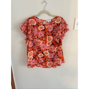 DR2 Daniel Rainn Flutter Sleeve Blouse Size XL Bright Orange Scoop Neck Keyhole